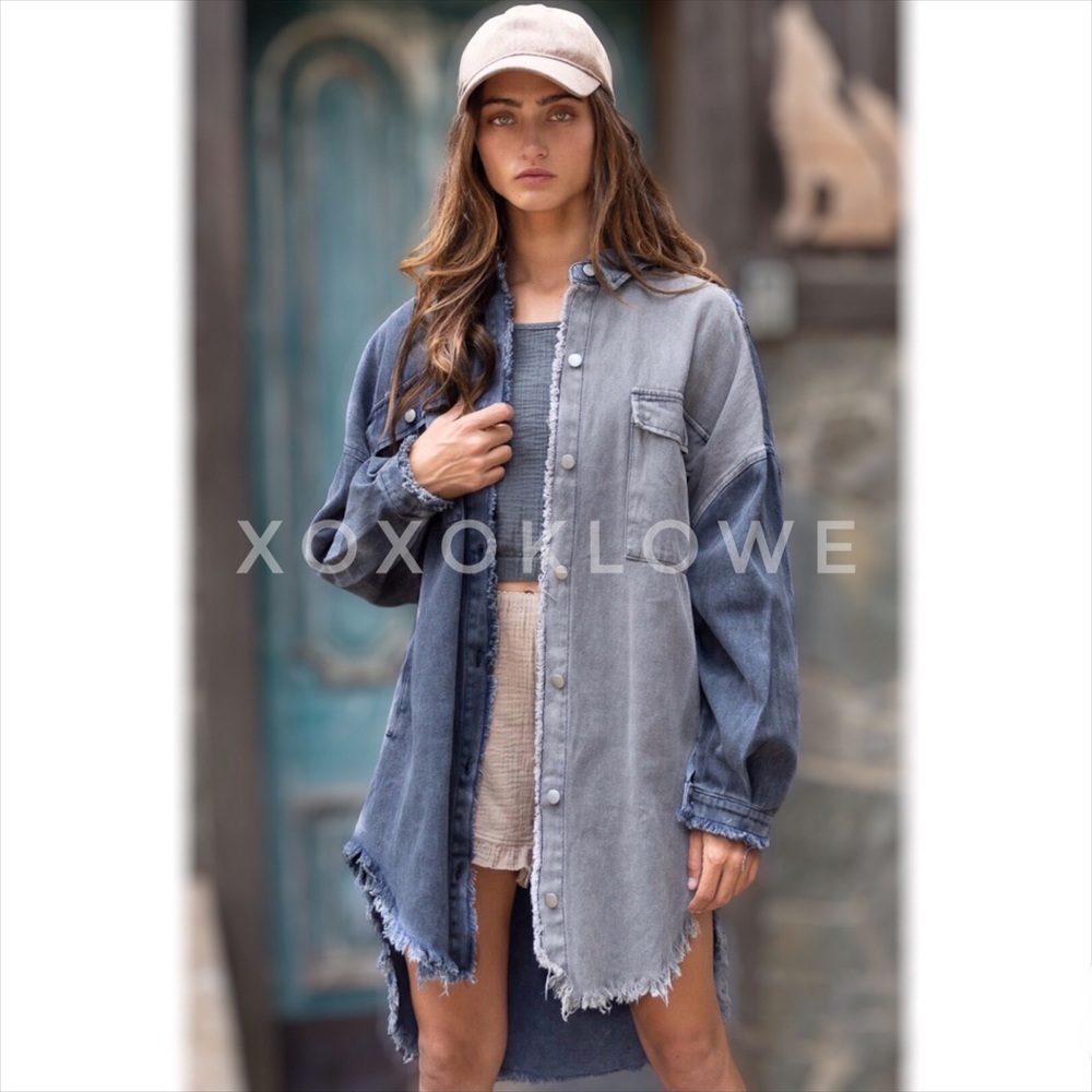 POL Oversized Denim Shacket | Blue Gray Colorblock Longline Jacket - Picture 9 of 10